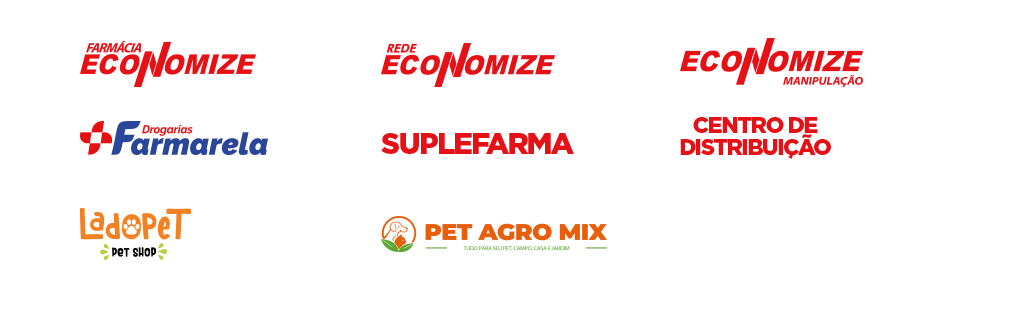 Logos das empresas do grupo: Farmácia Economize, Rede Economize, Economize Manipulação, Drogarias Farmarela, Suplefarma, Centro de Distribuição, LadoPet, Pet Agro Mix